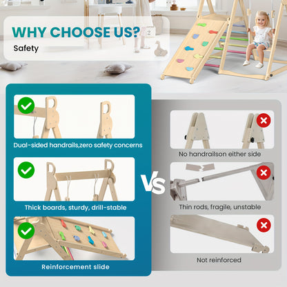 5-in-1 Foldable Indoor Jungle Gym for Toddlers Wooden Climbing Set with Slide, Swing, Ladder, Toddler Playground Playset for Kids 708.66inch+, Cognitive Development, Coordination (Rainbow, Blue).