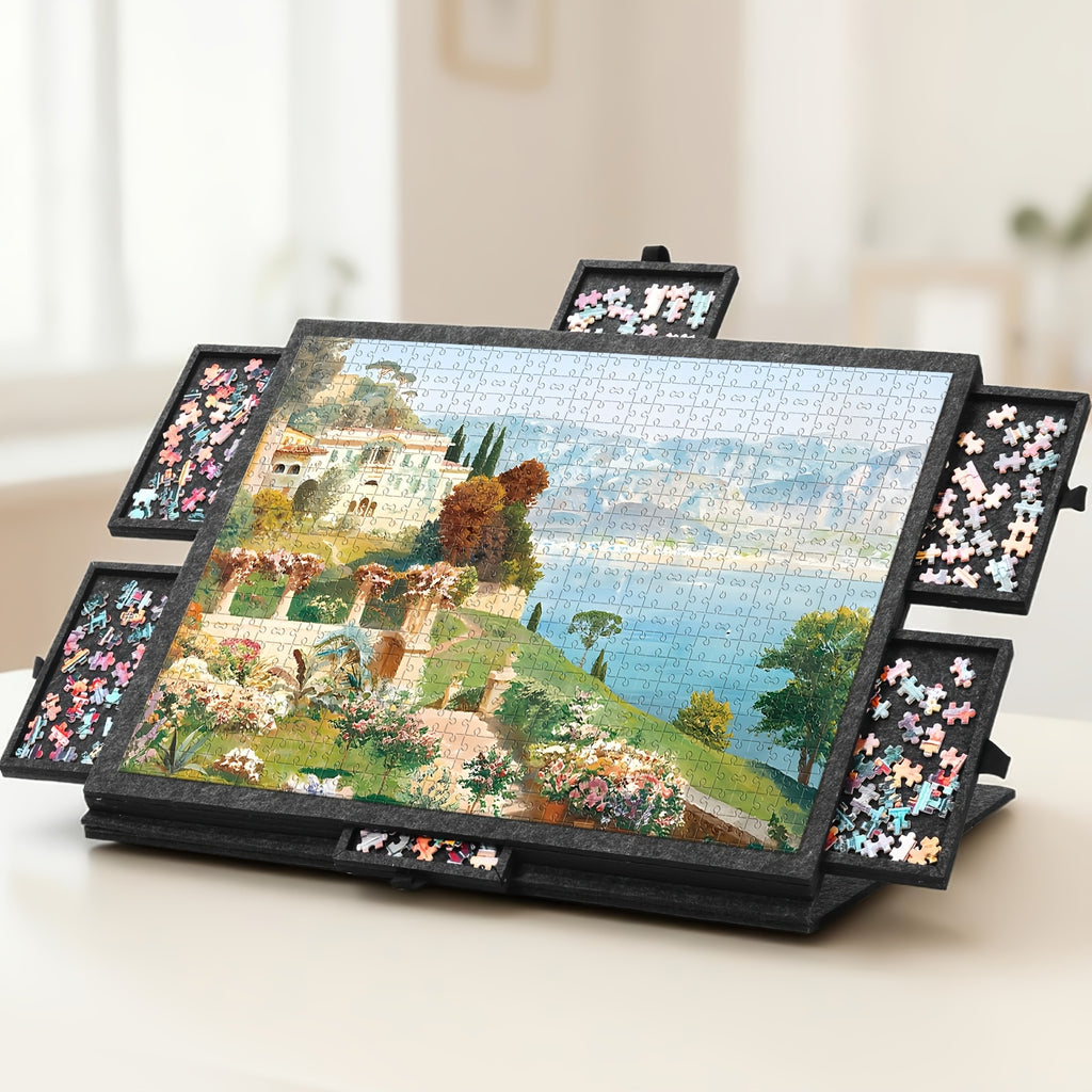 Foldaway Puzzle Board Felt Mat for Up to 1000/1500pcs Of Jigsaw Puzzle, Portable Puzzle Table with 6 Drawers (Extra Large)