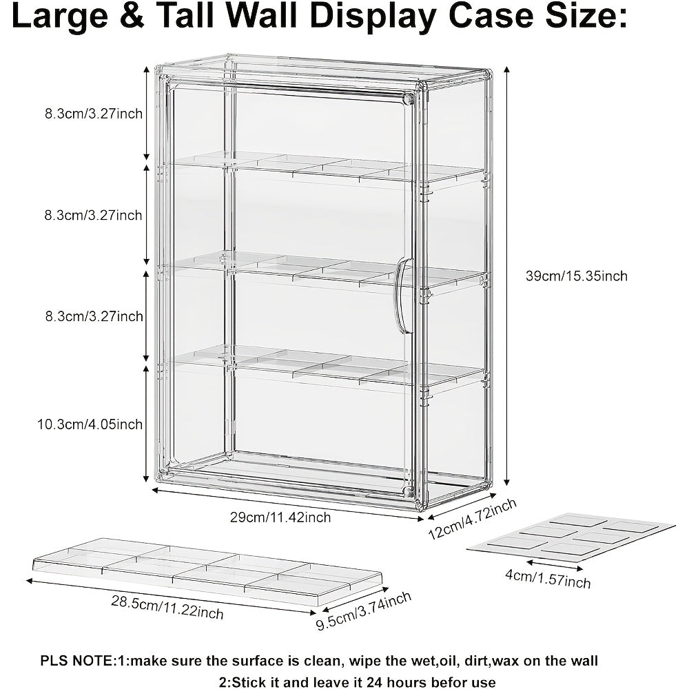 4 Tiers Wall-Mounted Acrylic Display Case | Clear Figure Display with 3 Adjustable Dividers, Magnetic Door, Dust-Proof, Large Collectibles Storage Shelf