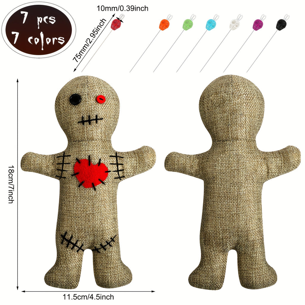 8pcs Voodoo Doll Set Include Horror Doll, 7pcs Skull Pins Ghost Doll Soft Revenge Dammit Creepy Dolls Pin Holder Voodoo Resin Metal Straight Pins Stress Relieving (Flaxen)
