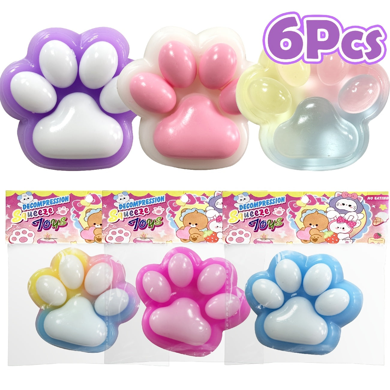 6pcs Colourful Taba Squishy Paw Sticky Squeeze Cat Paw, Handmade Soft Sticky Toys, Cute Fufu Squishy Fidget Toys for Kids Adults(1 Blue&Purple&Pink&White And 2 Colorful Paws)Multi-Item Party Favor Packs for Christmas Easter Halloween Valentine's Day