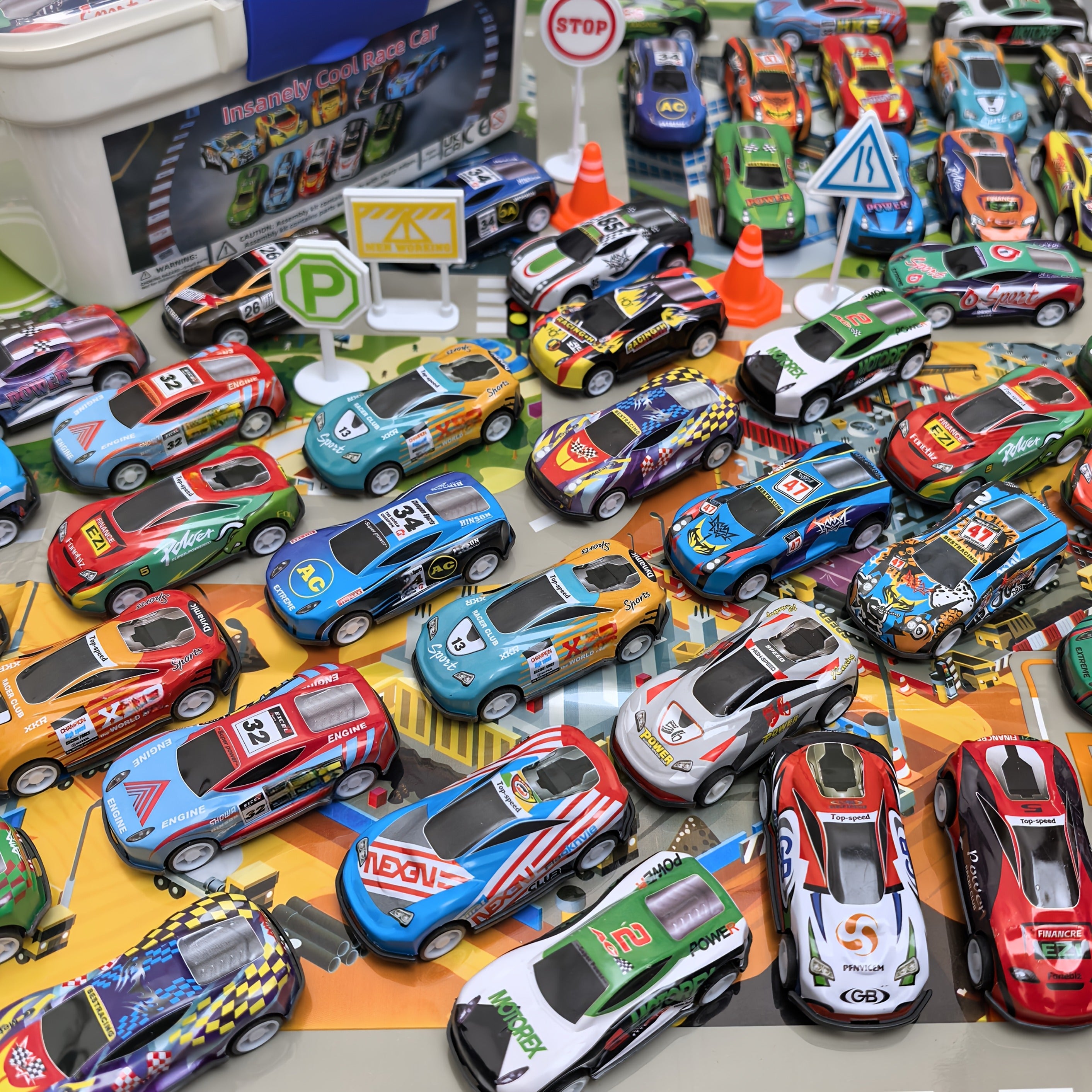 64pcs Toy Car Set with Storage Box & Foldable Play Mat - Pull-Back Metal Racing Cars, Educational And Fun Gift for School Activities, Children's Party Favors, Ideal for Boys & Girls Aged 3+ for Christmas, Thanksgiving, New Year & Birthday Presents