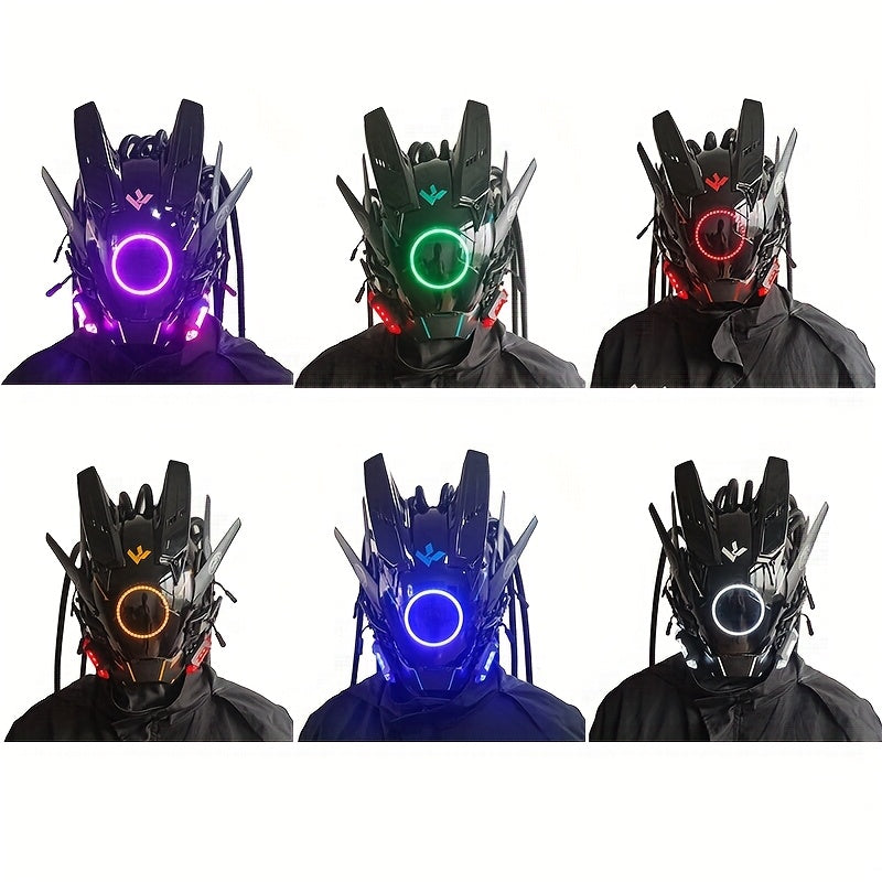 1pc Fashion Cool LED Punk Mask with Braids, Futurist Sci Fi Mechanical Mask Halloween Cosplay Samurai Mask Music Festival Party Cool Play Accessories Adult Gift