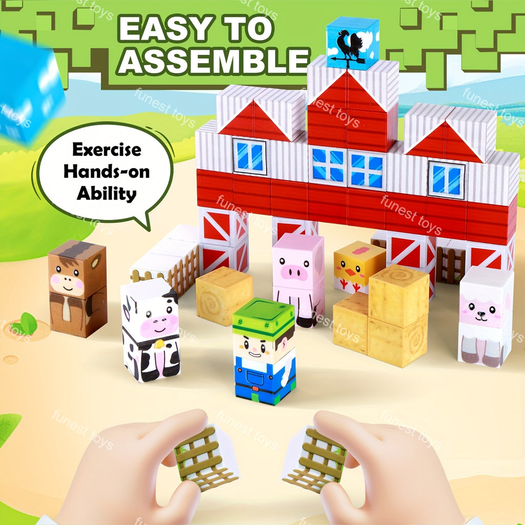 54pcs Magnetic Construction Block Set - Farm Animal And Farmer Theme STEM Educational Toy, Magnetic Cubes for Children, Creative And Learning Building Toys, Ideal Gift for Christmas, Birthdays, And Easter