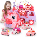 [Perfect Holiday Gift] Kids Carrier Truck Toys With 4 Mini Cars | Pink, Music Light, Battery Powered, Pull-Back Operation, Non-Rechargeable AA Batteries, Ideal For Boys And Girls, Perfect Holiday Gift
