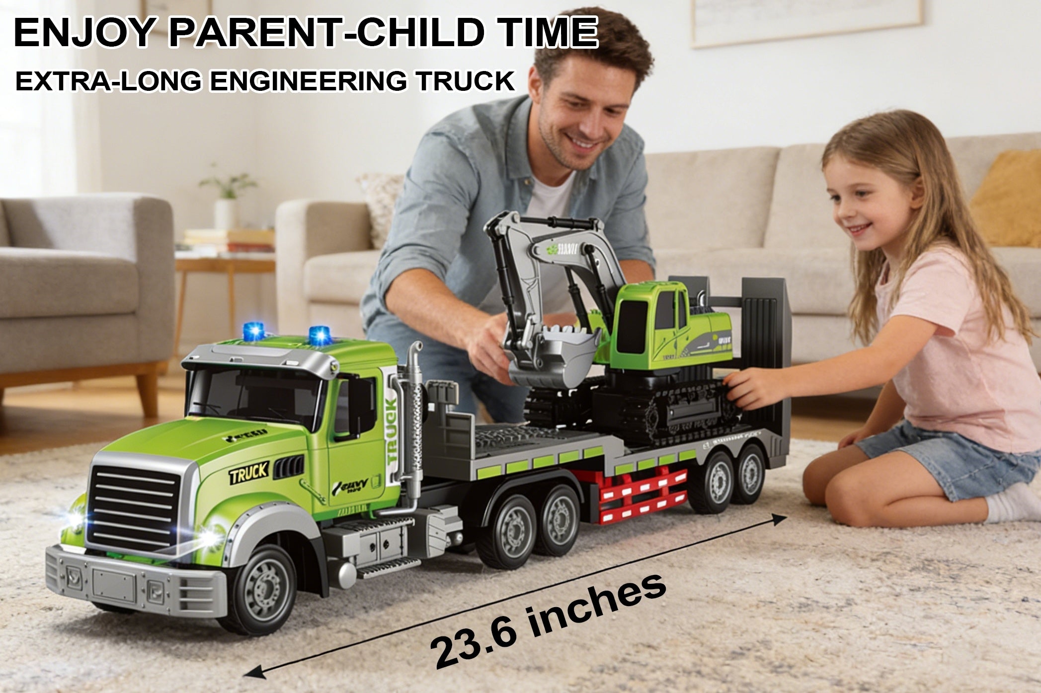 [Easter Gift] 11CH Construction Vehicle Set 1:12 Scale RC Semi Truck with Flatbed Trailer & Alloy Excavator, Sound & Lights Engineering Toy, Great Easter Gift Idea for Boys Children's