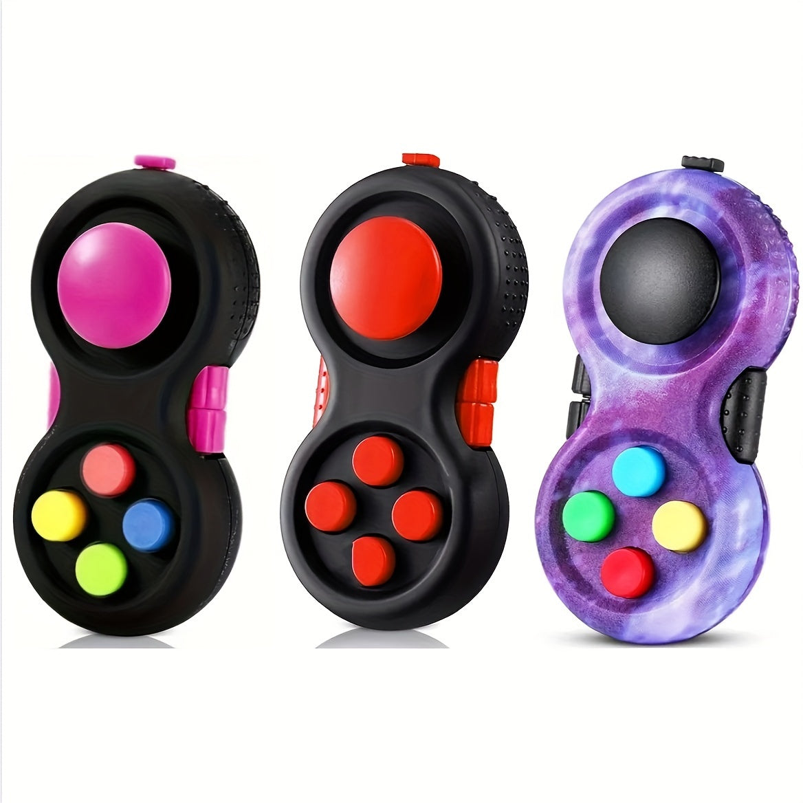3pcs Retro Classic Handheld Fidget Controllers - Vibrant & Fun Relax Toys with 8 Fidgeting Options, Clickable Buttons, Game Joystick, and Massage Roller in Assorted Colors
