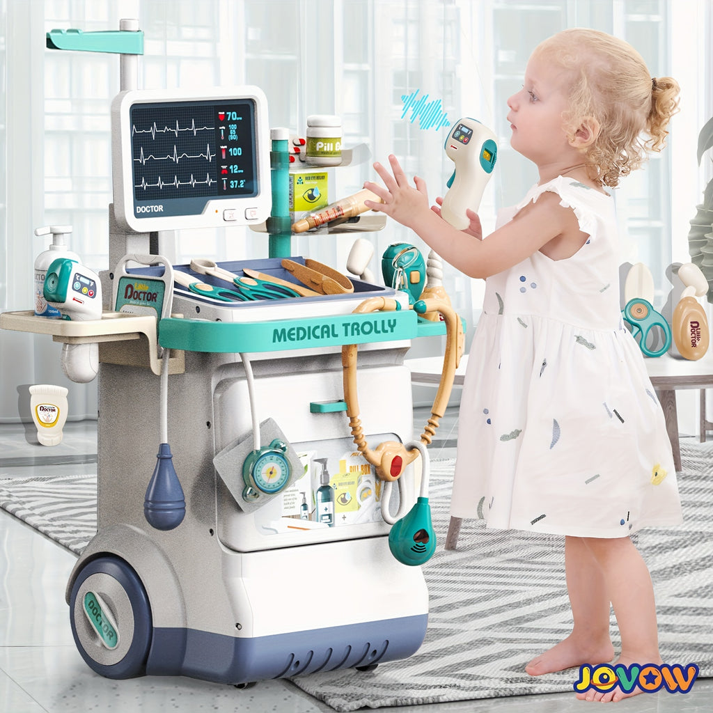 Jovow, Doctor Game Medical Cart Set, Movable Doctor Toy Table, Doctor Nurse Role-Playing, Various Medical Equipment Toys with Stethoscope Thermometer, Birthday Gift, Thanksgiving Christmas Gift