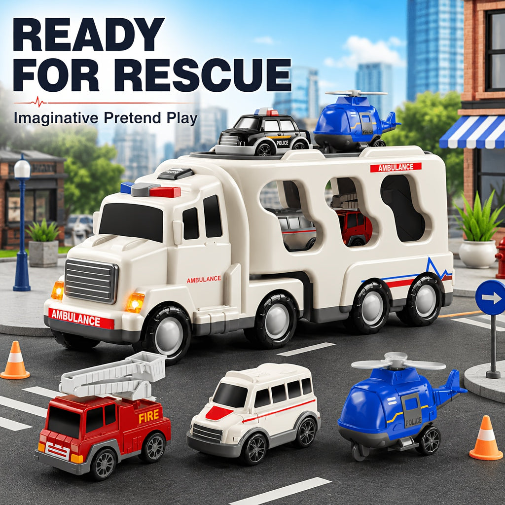 Babyhome Ambulance Truck 5 in 1 with Lighting & Sound, Friction Power Vehicle, Rescue Helicopter, Police Car, Fire Truck, Ambulance, Christmas, Birthday Gift, Interactive Toy Combination Toy Car