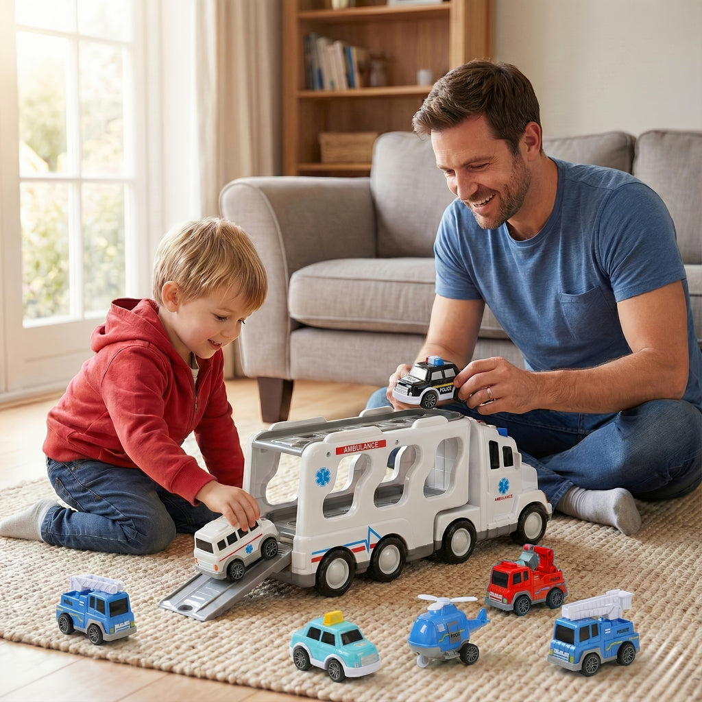 [Birthday Halloween Christmas] 7pcs Set Kids Car Toys, 7 in 1 Construction Vehicle Truck Set with Playmat And Additions, Kids Boys Girls Birthday Halloween Christmas Gift