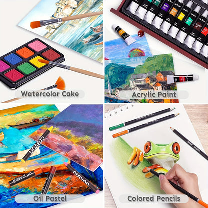 [Gift, Easter, St.Patrick's Day] 175pcs Deluxe Art Set With 2 Drawing Pads, Crayons, Acrylic Paints, Colored Pencils Set In Wooden Case, Professional Art Kit, Paint Supplies, Gift, Easter, St.Patrick's Day, Art & Drawing Toys