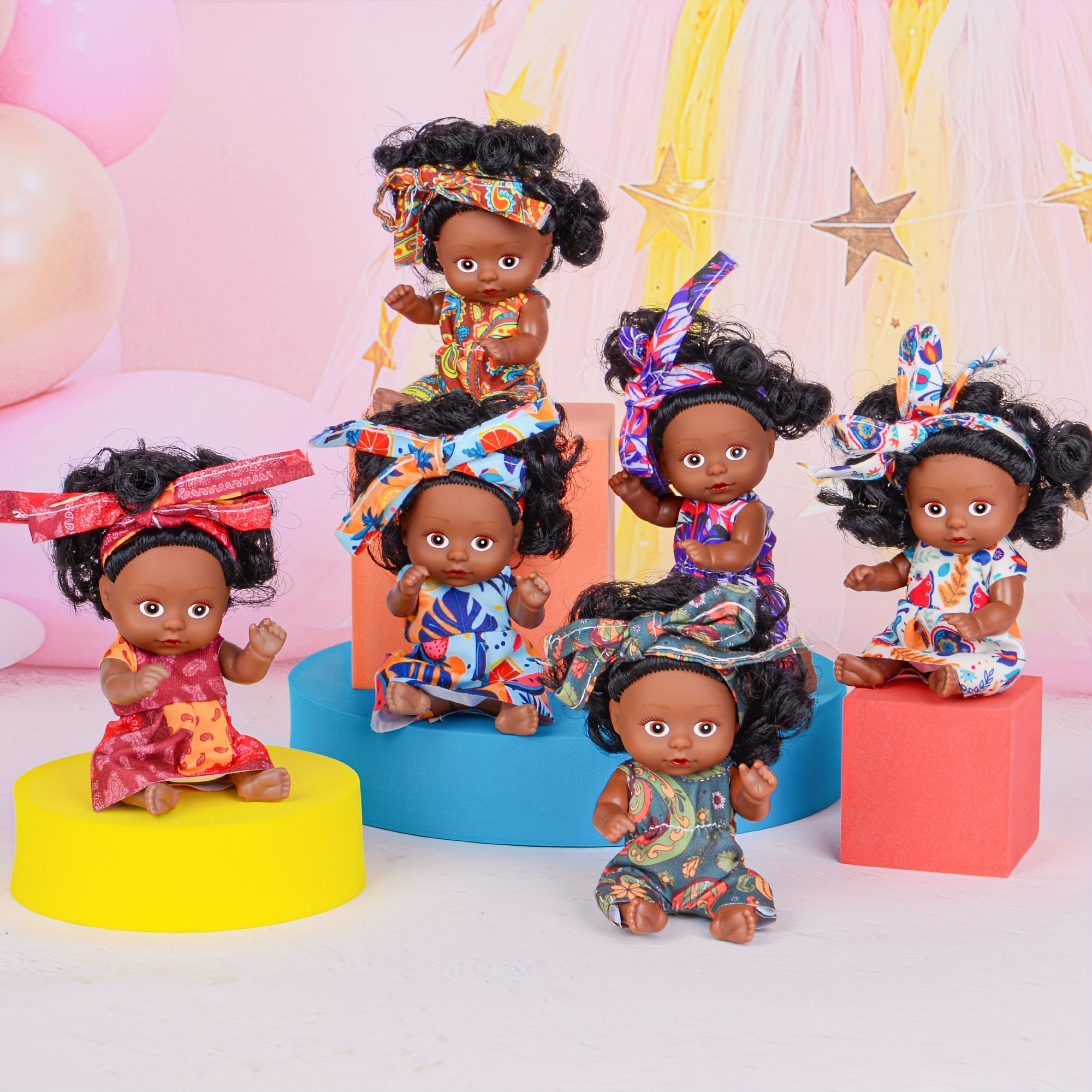 6pcs Mini Curly Hair Black Baby Doll Set With Gift Box Package-4.5 Inch Cute Flower Printed Clothes Wearing Youngsters Dolls Perfect For Kids Birthday, Holiday Gift(The Doll'S Clothing Features Random Patterns)