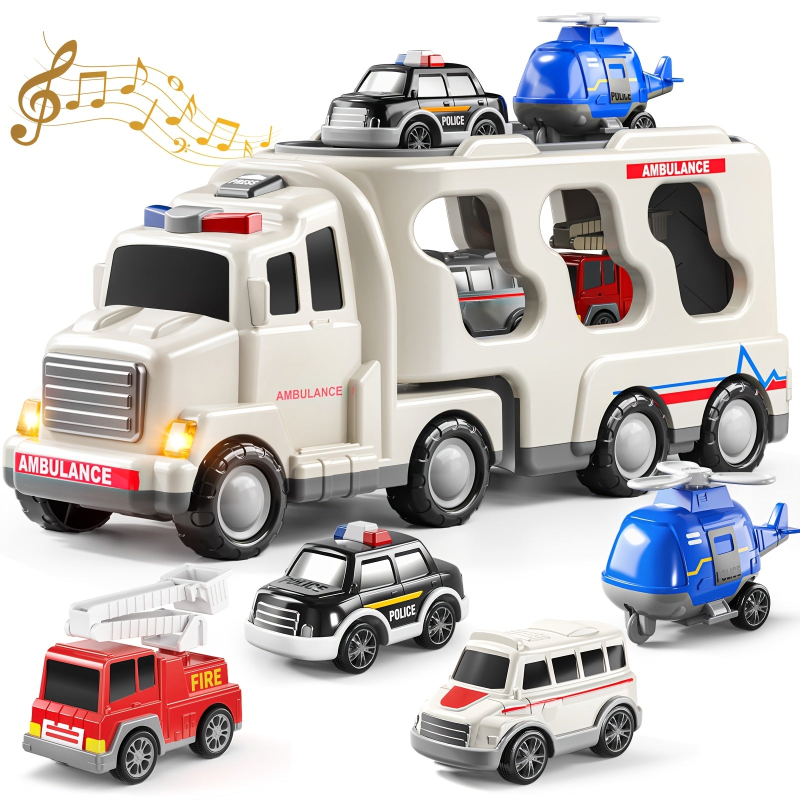 Babyhome Ambulance Truck 5 in 1 with Lighting & Sound, Friction Power Vehicle, Rescue Helicopter, Police Car, Fire Truck, Ambulance, Christmas, Birthday Gift, Interactive Toy Combination Toy Car