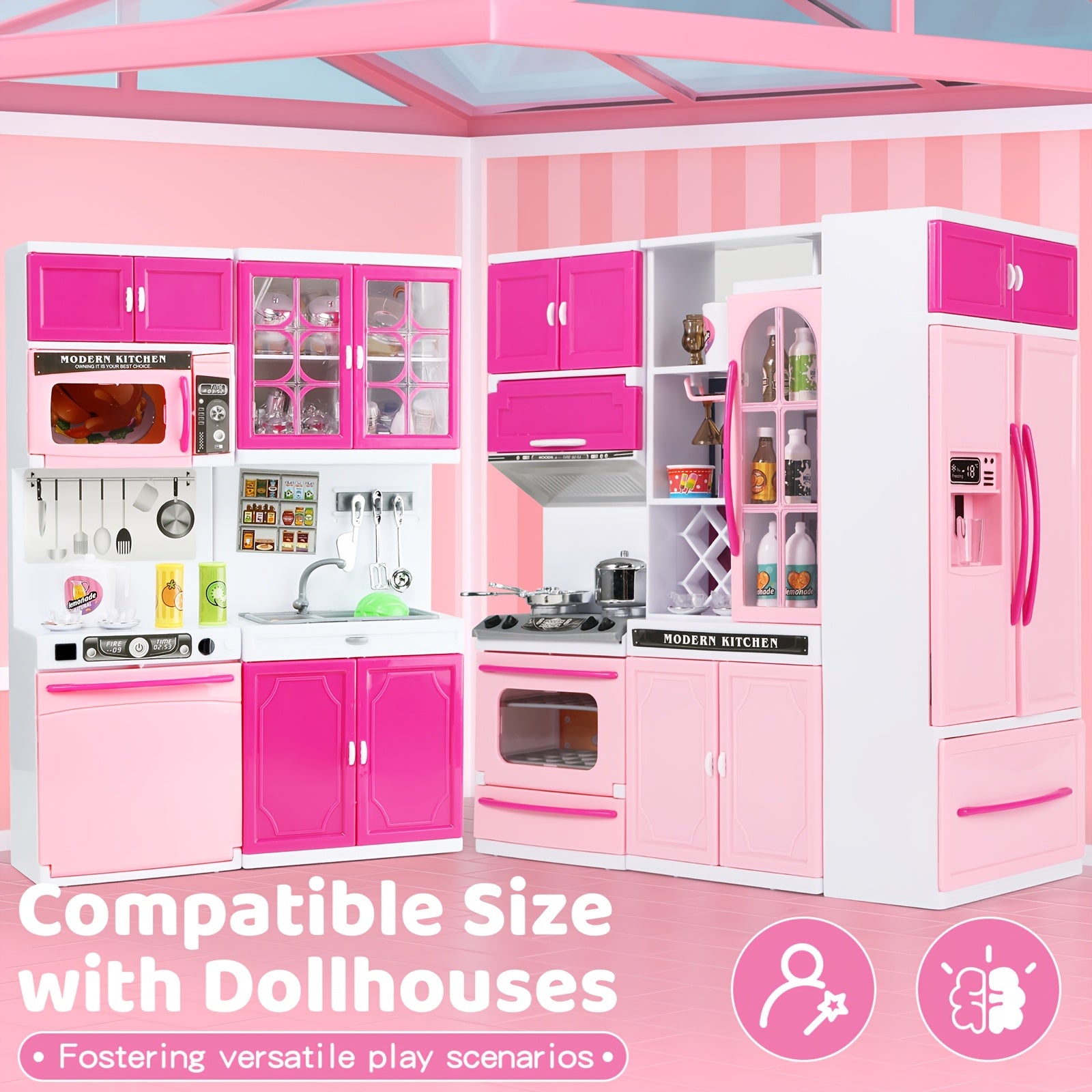 64pcs Pink Kitchen Toys with Realistic Lights & Sounds, Mini Furniture Pretend Playset for Kids, Doll Kitchen House Toy