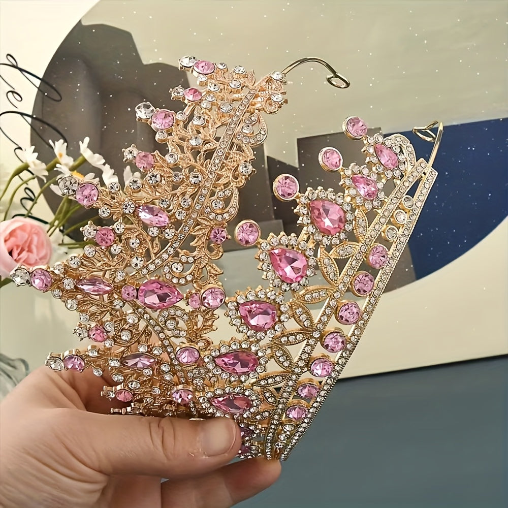 2pcs High-End Baroque Style Crowns with Pink Gemstones - an Elegant Headwear Suitable for Princess And Knight Themed Parties, Dances, And Celebrations
