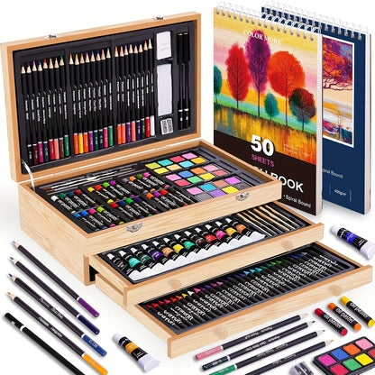[Gift, Easter, St.Patrick's Day] 175pcs Deluxe Art Set With 2 Drawing Pads, Crayons, Acrylic Paints, Colored Pencils Set In Wooden Case, Professional Art Kit, Paint Supplies, Gift, Easter, St.Patrick's Day, Art & Drawing Toys