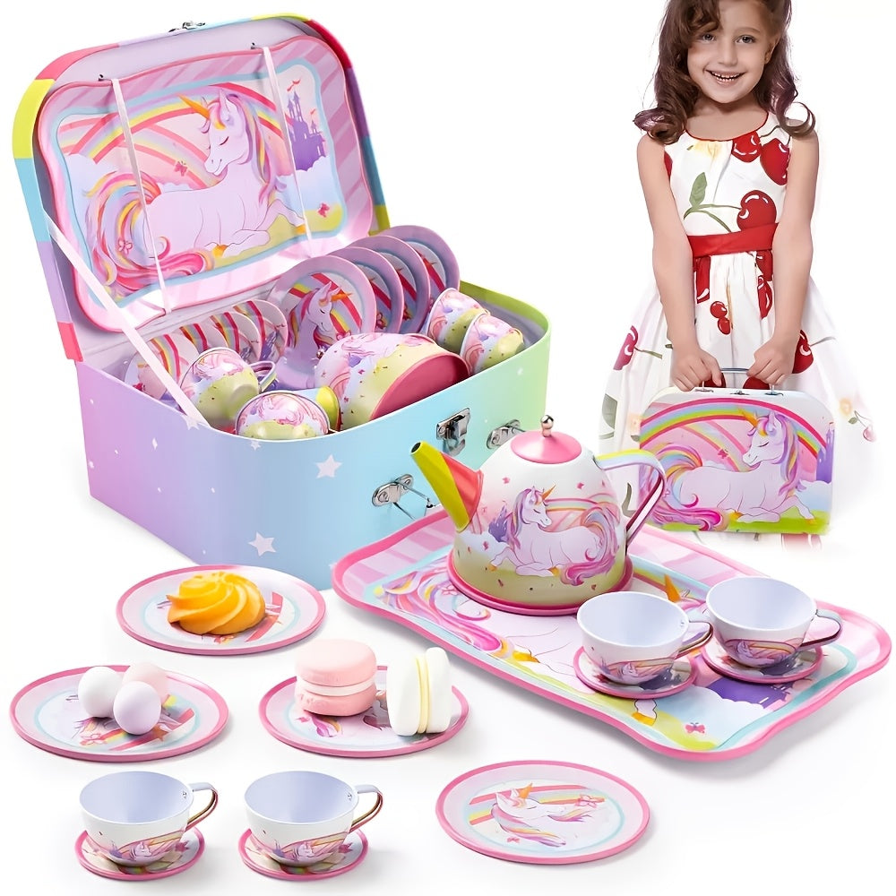 A Whimsical Tea Party Set Featuring Unicorns, Designed for Young Girls. This Pretend Play Pink Tin Teapot Collection Includes a Teapot, Cup, Plate, And a Carrying Case, Perfect for Children Aged 3 And Up. an Ideal Christmas Gift