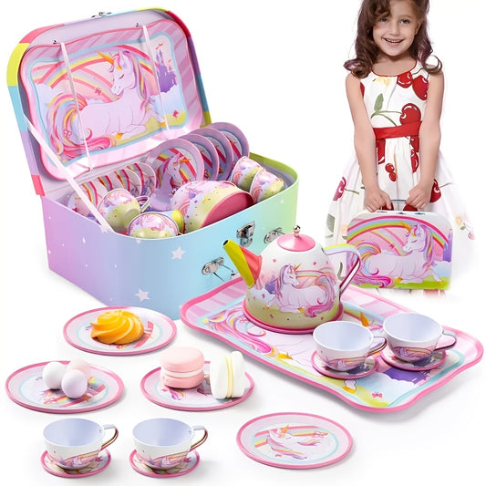 A Whimsical Tea Party Set Featuring Unicorns, Designed for Young Girls. This Pretend Play Pink Tin Teapot Collection Includes a Teapot, Cup, Plate, And a Carrying Case, Perfect for Children Aged 3 And Up. an Ideal Christmas Gift