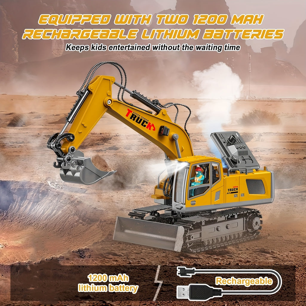 Remote Control Excavator Construction Toys For Boys, 1200mAh RC Excavator Toy With Metal Shovel & Light, 13CH Excavator Toys For Boys 8+ Year Old Kids 2024 Christmas Birthday Gift, 120+Mins