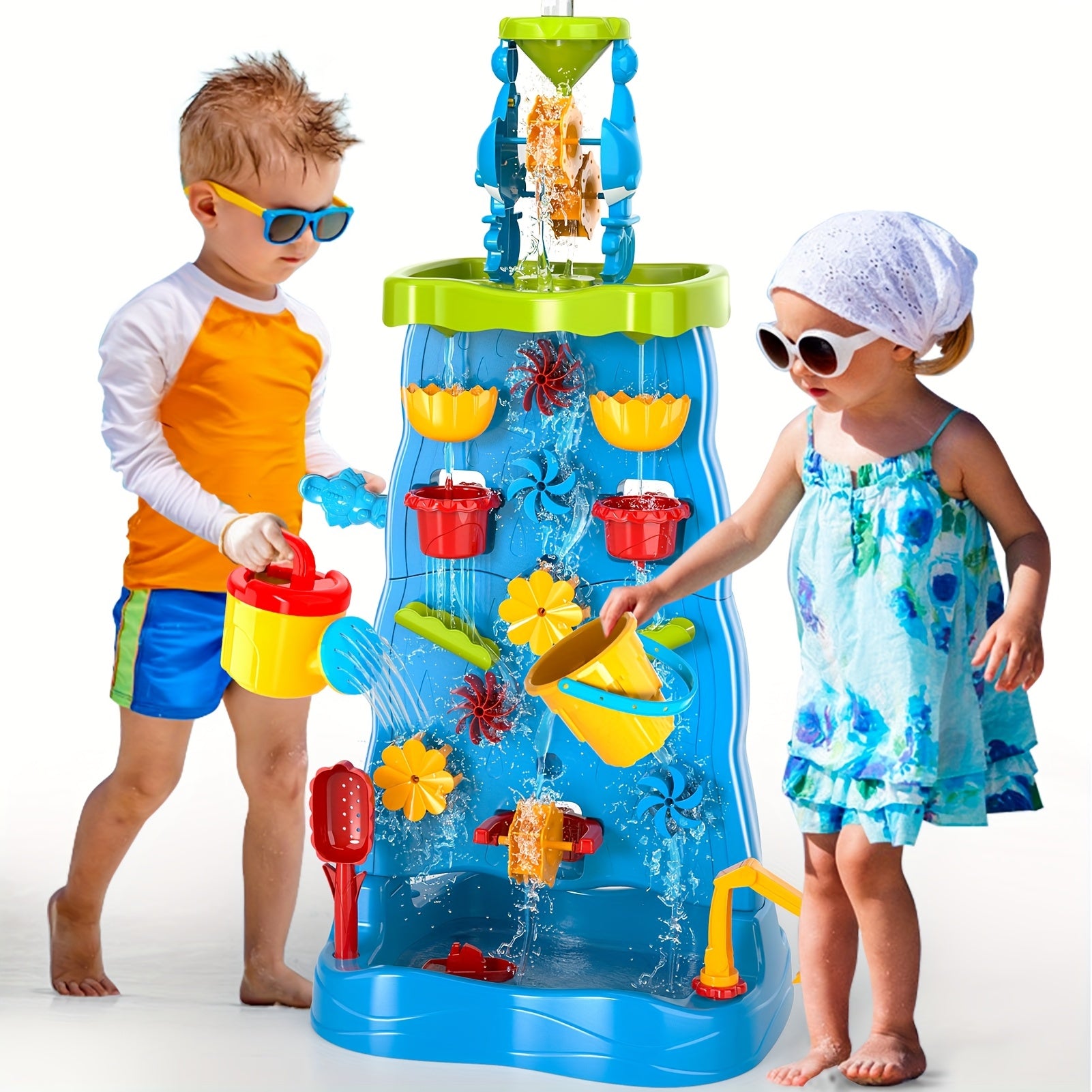Babyhome Double-Sided Blue Waterfall Toys with Beach And Water Tools for Kids. Summer Holiday Activity Sensory Play Table for Outdoor Seaside, Birthday Christmas Easter Gift