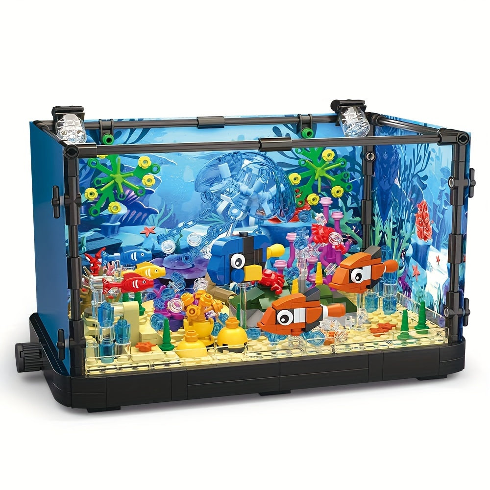 Fish Tank Building Block Set with Light, Aquarium, Marine Jellyfish, Building Block Toy for Home Decor