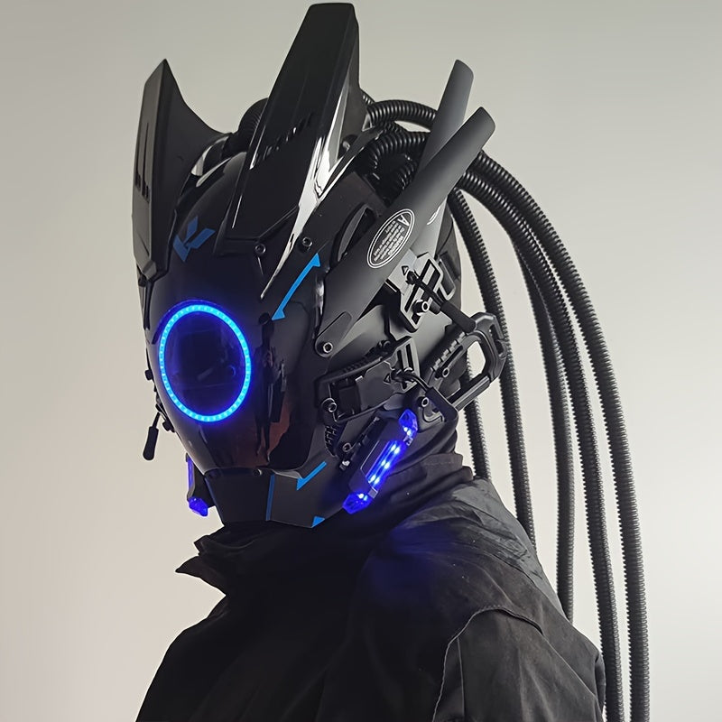 1Pcs Cool LED Lights Punk Mask With Tubular Braid Futurist Science Fiction Mechanical Mask Halloween Cosplay Masks Sci-fi Gear Party Music Festival Props
