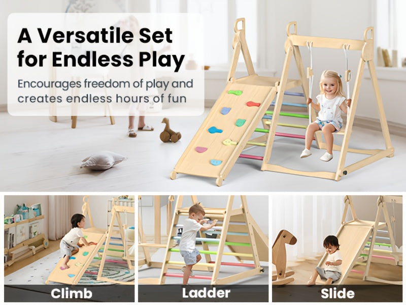 5-in-1 Foldable Indoor Jungle Gym for Toddlers Wooden Climbing Set with Slide, Swing, Ladder, Toddler Playground Playset for Kids 708.66inch+, Cognitive Development, Coordination (Rainbow, Blue).