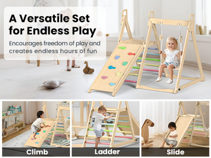 5-in-1 Foldable Indoor Jungle Gym for Toddlers Wooden Climbing Set with Slide, Swing, Ladder, Toddler Playground Playset for Kids 708.66inch+, Cognitive Development, Coordination (Rainbow, Blue).