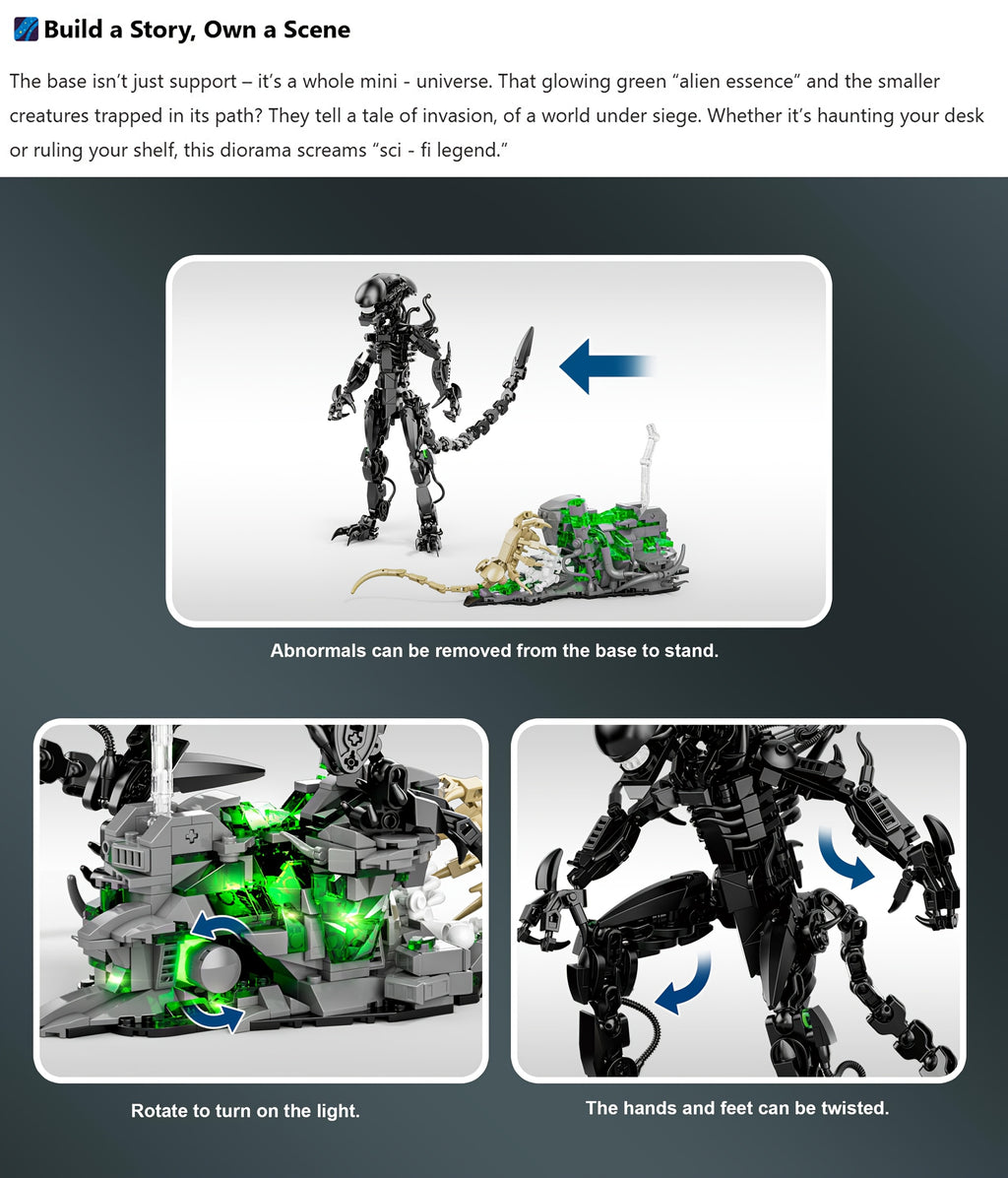 958+Pcs Cool Alien Building Block Set, Assembly of Sci-Fi Movie Battle Character Models in Black ABS, Christmas Gift