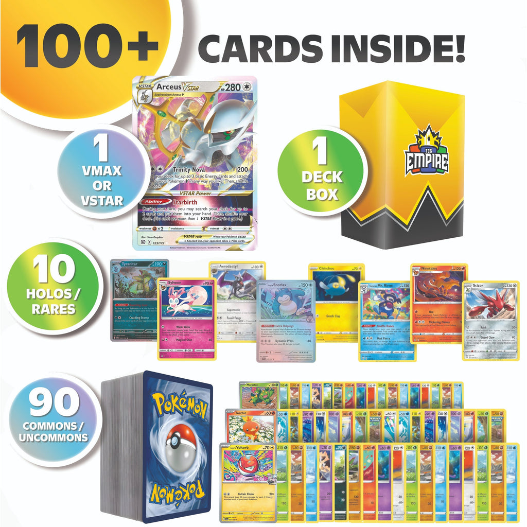 Pokemon VMAX & VSTAR Power Bundle | 100+ Pokémon Cards | 1x Random VMAX or VSTAR Guaranteed | Holos & Rares Included! | Perfect Giftable for Kids & Collectors!