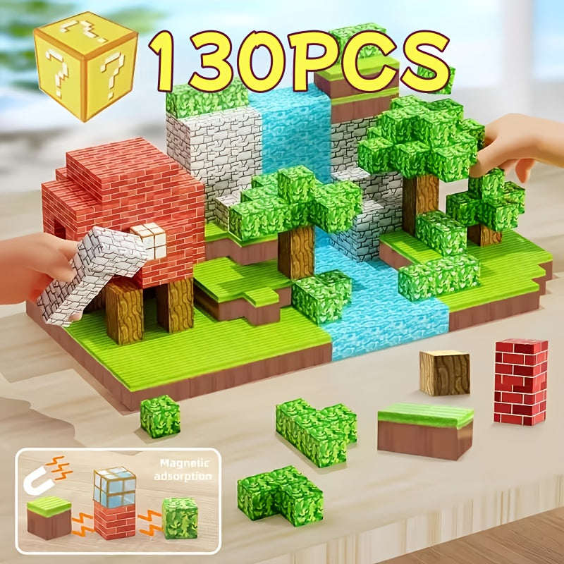 130pcs-Magnetic Building Blocks Set with Magnetic Base - STEM Learning Toys for Kids Ages 3-6, Magnetic Construction Set with Interlocking Bricks, Large And Small Blocks, Stable Magnetic Base, Building Blocks Set