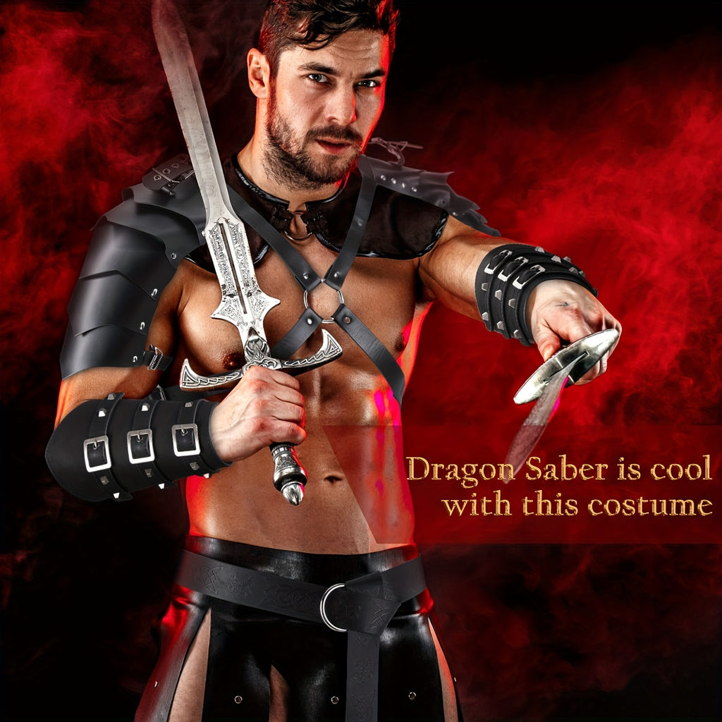 Unisex 4pcs/Set Halloween Adults PU Leather Double Shoulder Cover Cape, Faux Leather Arm Guards Medieval Knight Belt for Cosplays Men&Adult