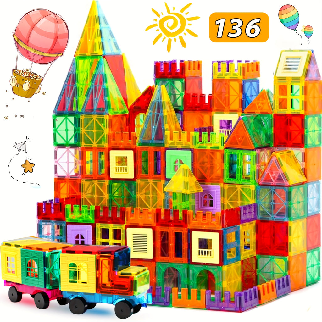 [Birthday Gifts] 80/106/136pcs Magnetic Tiles for Kids, Magnetic Building Blocks With 2 Cars, Magnet Tiles Construction Building Toys, STEM Sensory Toys Birthday Gifts Toys for Kids Boys Girls 3 4 5 6 7 8 9+ Year