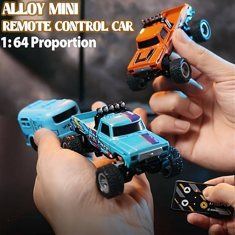 Mini RC Truck Toy, 2.4GHz Off-Road Alloy Truck, 1:64 Scale Mini RC Truck (with Trailer, Body Lights & Headlights), Crawler Toy, Adjustable Speed/Steering, Collectible Truck Model, Perfect Holiday Gift