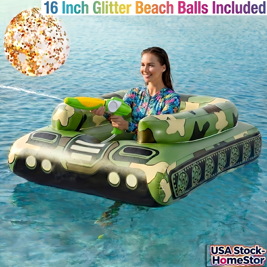 60-Inch XL Inflatable Pool Float, Ride-On Tugboat Raft with Built-in Sprayer, Heavy Duty PVC Floating Lounger, Includes 16-Inch Beach Ball, Splash Water System, Adult Swim Party Oasis, Durable Blow-Up Float for Lake Beach, Puncture-Resistant Mat