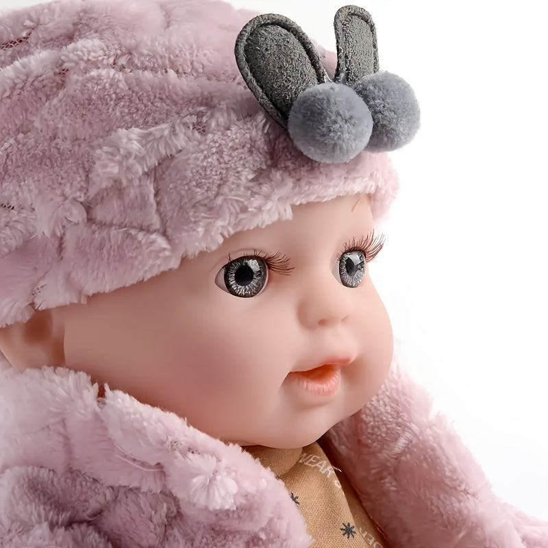 12-Inch Pink Reborn Youngsters Doll with Fluffy Bunny Ears - Soft PVC, Realistic Comfort Toy, Perfect Birthday Gift and Playmate for Boys and Girls Over Three Years Old