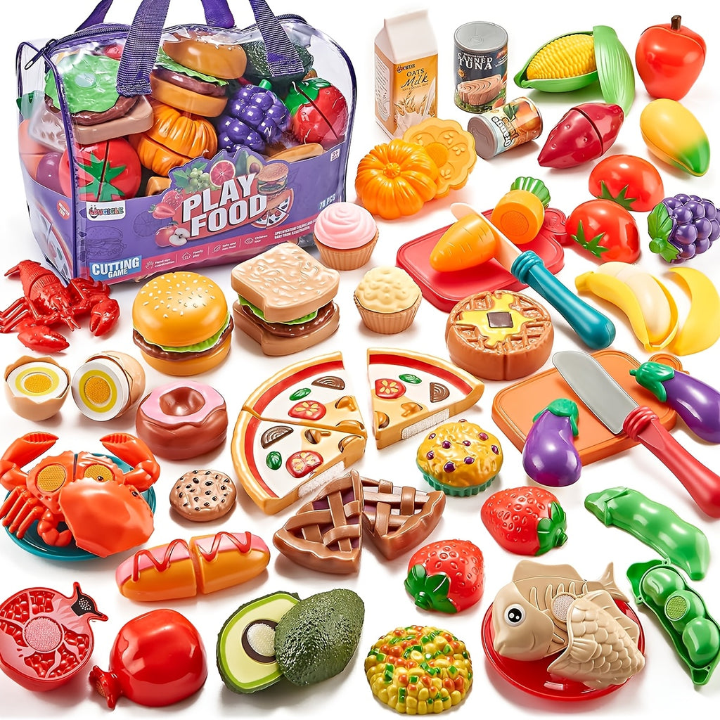 78pcs Set Of Kitchen Toys With Storage Bag, Dinnerware, Dummy Fruits, Vegetables, Plastic Accessories For Children Educational Learning Toy, Role Play Gift