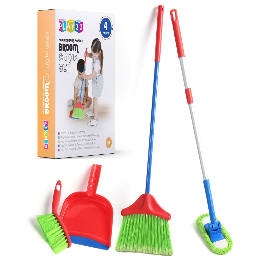 Play22 Kids Cleaning Set 4 Piece - Toy Cleaning Set includes Broom, Mop, Brush, Dust Pan - Toy KitchenCleaning Set