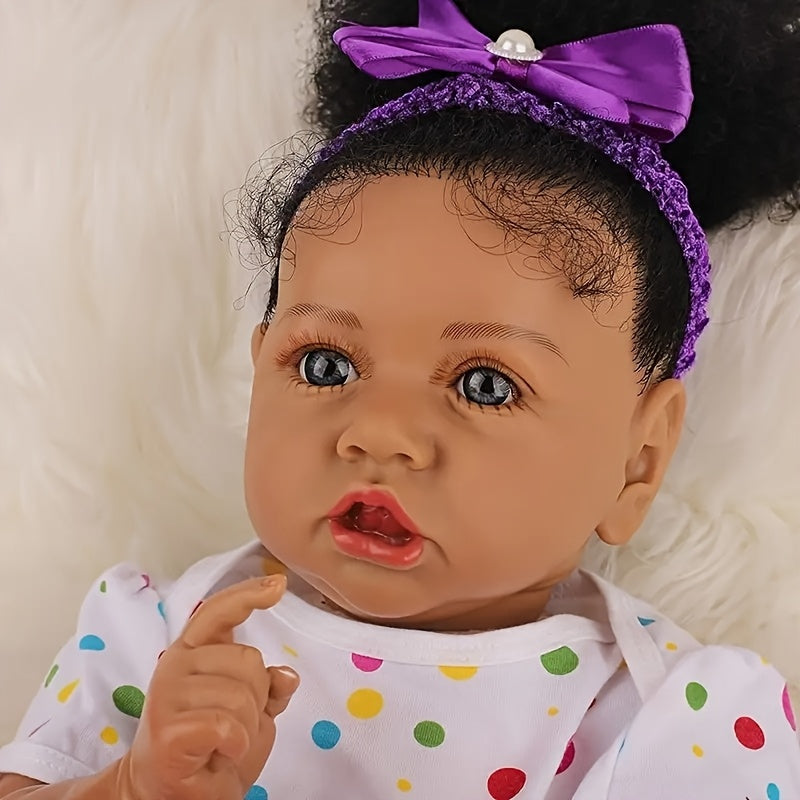 DAYOFF KIDS Reborn Baby Dolls, 21.5 Inch Reborn Doll, Vinyl Black Doll, Beautiful Pupils, African American Full Set Curly Hair Doll for Age 3 & Up -Hand-made Dolls, Hand-painted Paintings, Artworks And Collectibles Can Be Used As Holiday Gifts