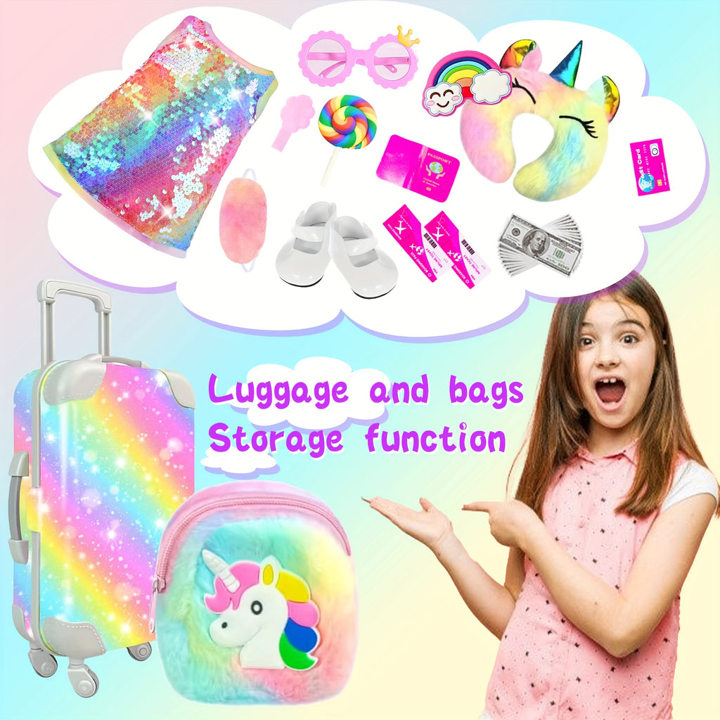 Luggage Travel 24pcs 18 inch Girl Doll Clothes and Accessories School Play Set Include Suitcase Pillow Handbag Dress Glasses Shoes (No Doll)