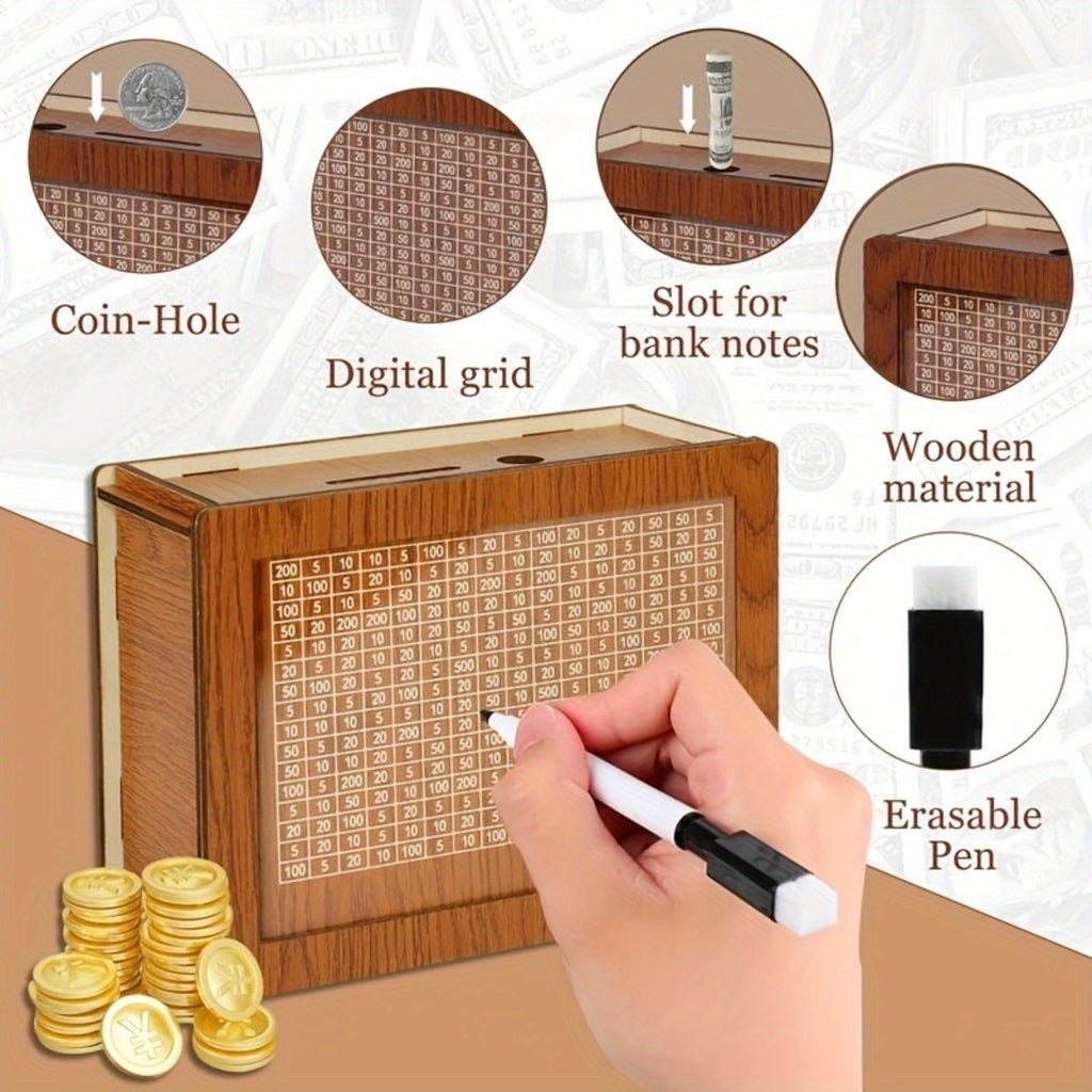 2 Sets - Wooden Savings Bank with Digital Counter, 7.87 X 5.7 Inches - Adult Savings Goal - Holds $10, 000 Coins - Ideal Gift for Friends - High Quality Wooden Savings Bank