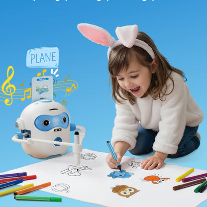 Drawing Robot, Rechargeable Four in Interactive Educational Robot Drawing Machine, with 100 Cards and Color Pens, 3-8-year-old Boys and Girls Birthday and Christmas Learning Toys.
