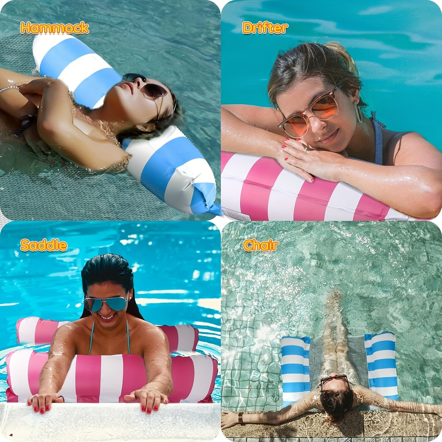 5 Pack Upgrated XL Water Pool Floats, 4-in-1 (Hammock, Saddle, Lounge Chair, Drifter) Multi-Purpose Water Pool Float, Non-Stick PVC Material