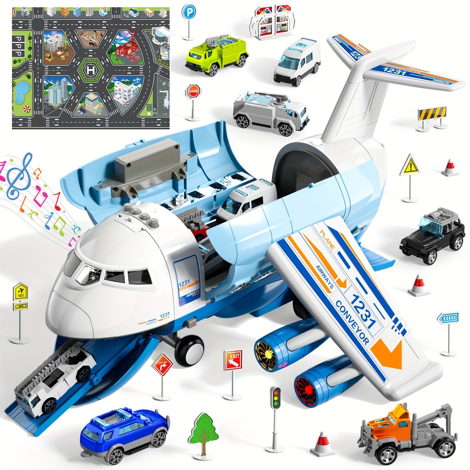 [Large Airplane Toys] Airplane Toys for 3 Year Old, Large Transport Spray Airplane Toys with 10 Vehicle Cars