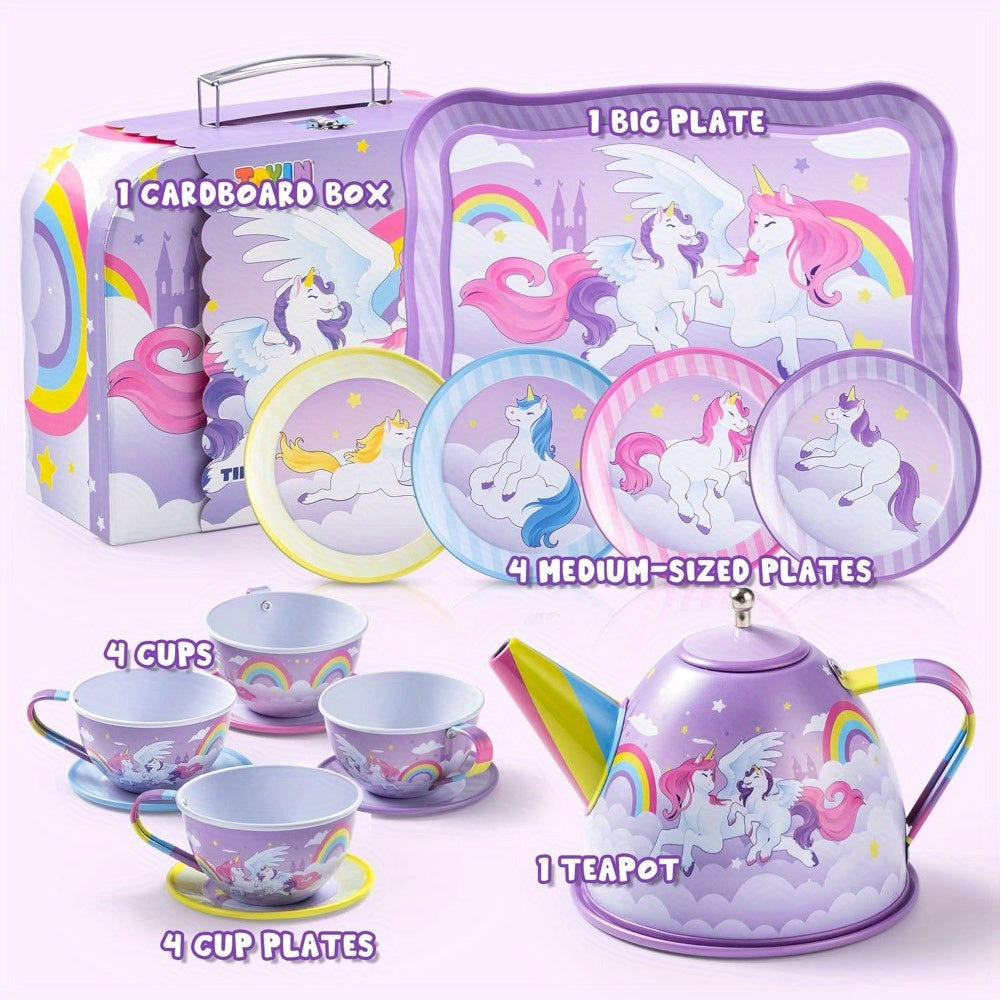 Unicorn Princess Tea Party Set For Little Girls: Purple Tin Teapot + Cups + Plates, Pretend Play Kitchen Toys For Kids, Perfect Easter/Birthday Gift For Kids Girls, Multi-Item Party Favor Packs For Children
