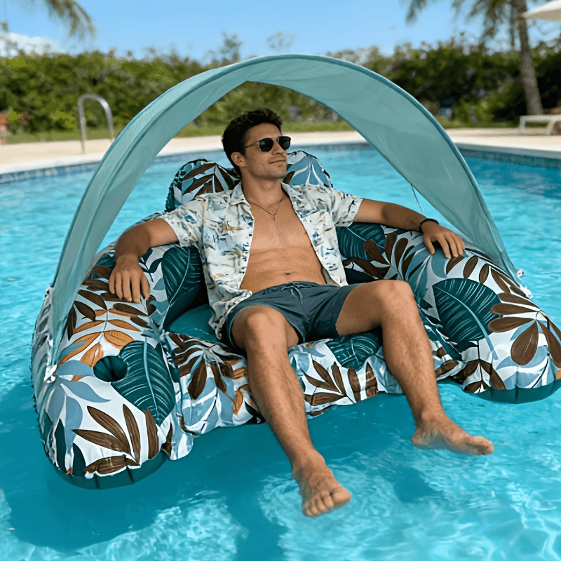 Inflatable Swimming Pool Floats With Canopies, Tropical Leaf-print Floating Loungers With Cup Holders, Perfect For Adult Summer Beach Parties, Pool Parties, Lakes, And More Excellent Water Toys