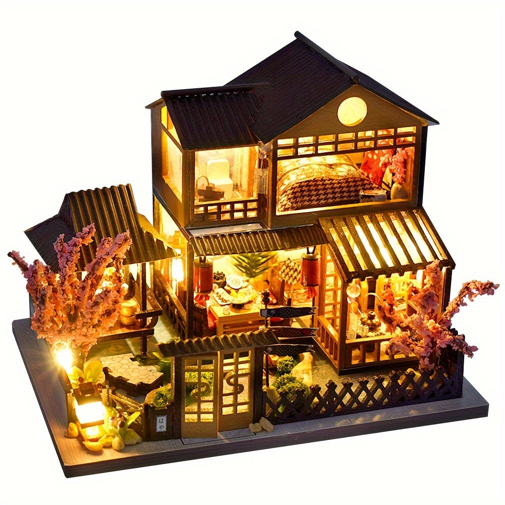 DIY Japanese-Style Wooden Dollhouse Kit with -Responsive Tatami & Miniature Furniture - Handmade Tiny House Model for & s, Dollhouse Collectors - Complete (No Glue/) - Birthday/Christmas Gift