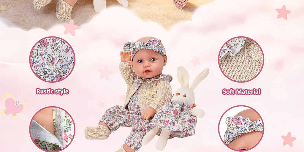 12 Inch Realistic Vinyl Doll Set, Including 1 Doll, 1 Set Of Floral Clothes, 1 Headscarf, 1 Pair Of Socks, 1 Toy Rabbit, And 1 Rabbit Skirt, Children's Toys, Suitable for Dress Up Games, Birthday Gifts, Game Gifts, Holiday Gifts, Realistic Reborn