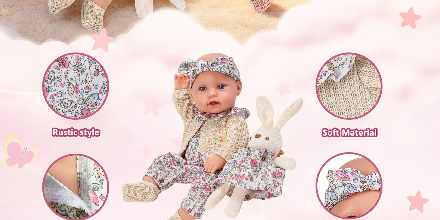12 Inch Realistic Vinyl Doll Set, Including 1 Doll, 1 Set Of Floral Clothes, 1 Headscarf, 1 Pair Of Socks, 1 Toy Rabbit, And 1 Rabbit Skirt, Children's Toys, Suitable for Dress Up Games, Birthday Gifts, Game Gifts, Holiday Gifts, Realistic Reborn