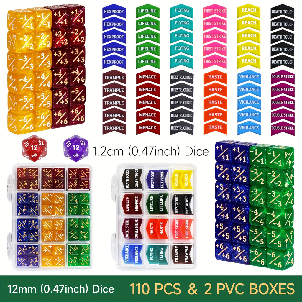 Counter Dice Set -110pcs 12mm/0.47inch 6 Sided +1/-1 Tokens Dice D20 Dices Set & M Keyword Counters Tokens for This Great Magic, TCG, Card Games Accessories